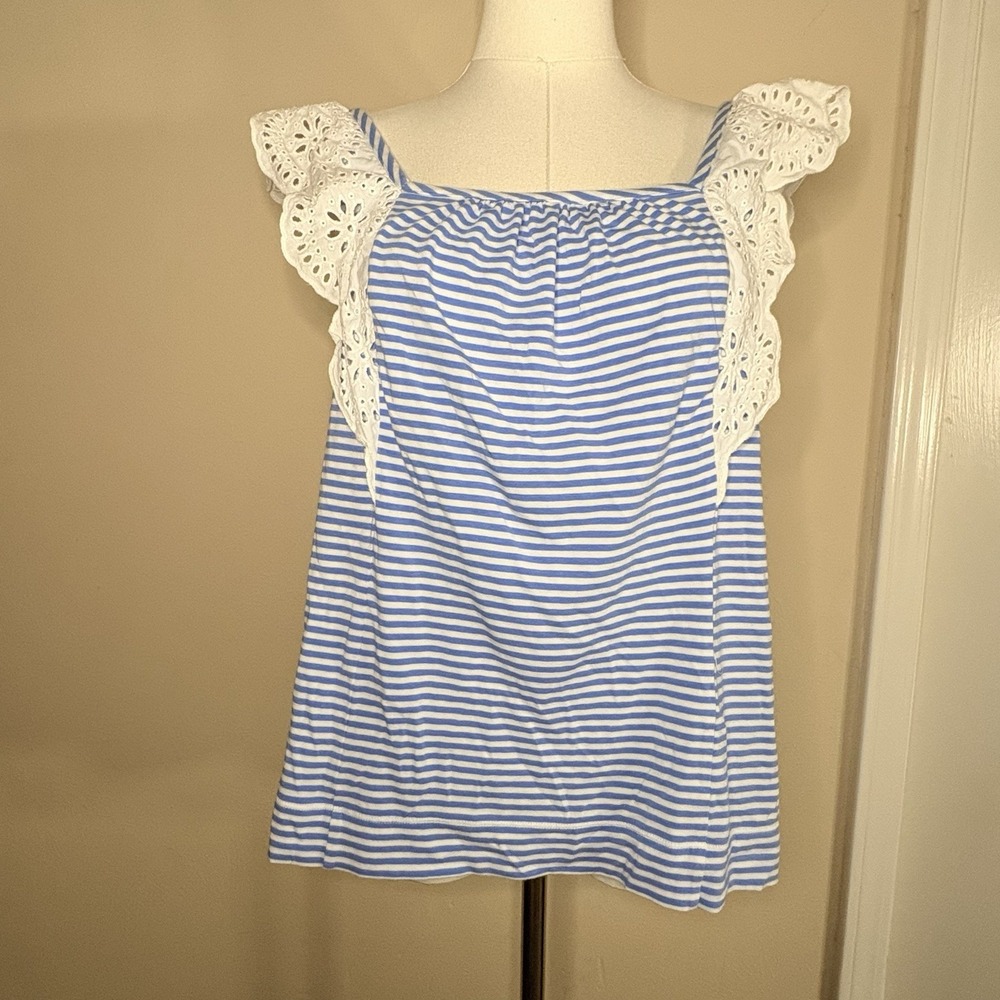 Vineyard Vines Women Small Eyelet Flutter Sleeves Blue & White Striped Top Flowy - Picture 3 of 10